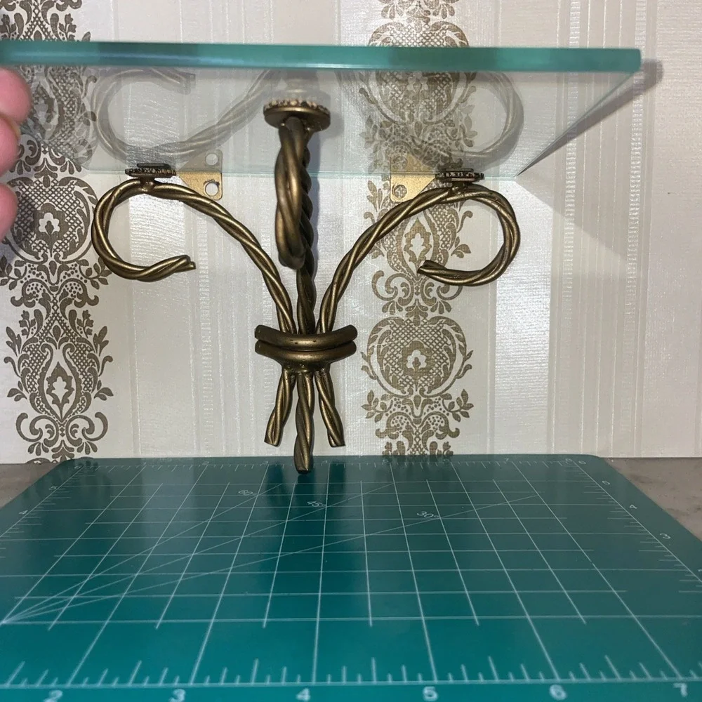 MCM Vtg Glass & Goldtone Metal Wall Shelf Twisted Ribbon Accent Hollywood 5X7